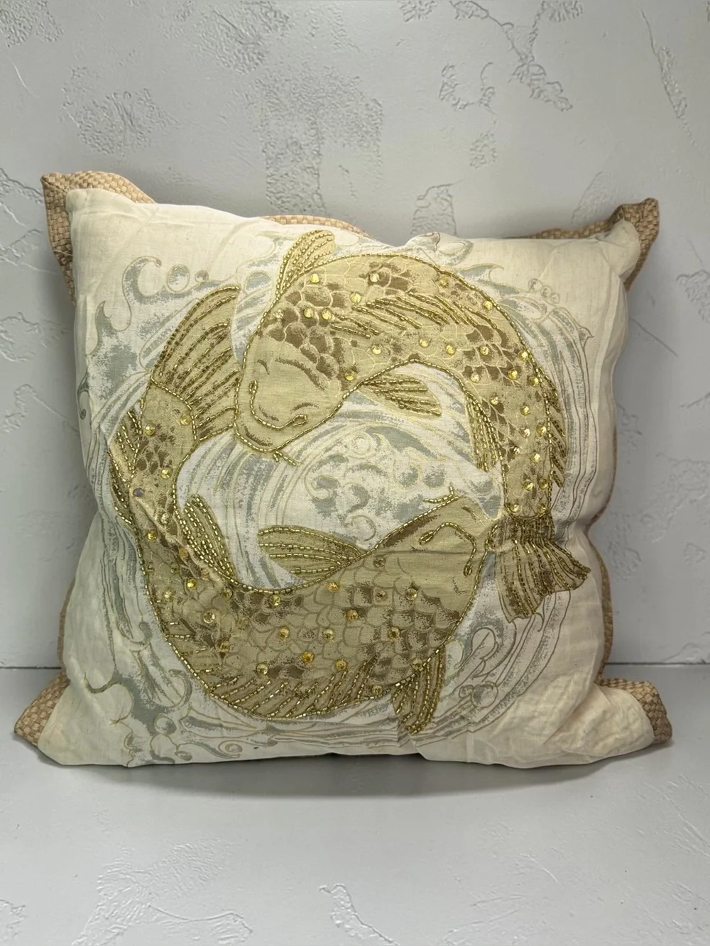 Pier 1 Imports Beaded Koi Fish Decorative Throw Pillow 18x18 Cream Gold Multi
